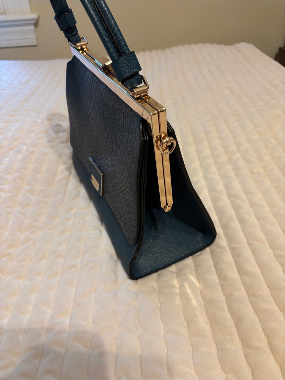 Faux Snakeskin Top-Handle Satchel in Teal by Dune - Picture 2 of 8
